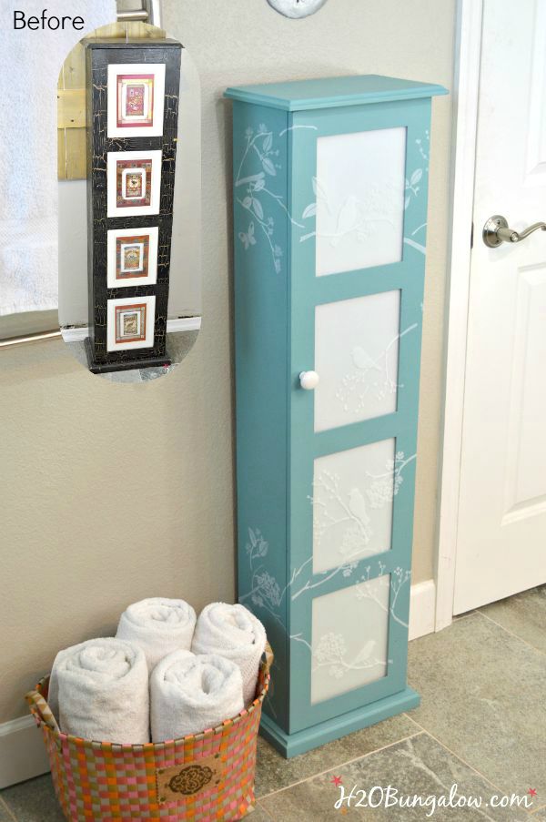 https://h2obungalow.com/wp-content/uploads/2015/08/Bathroom-storage-cabinet-makeover-with-frosted-glass-and-stenciled-birds-3-H2OBungalow.jpg