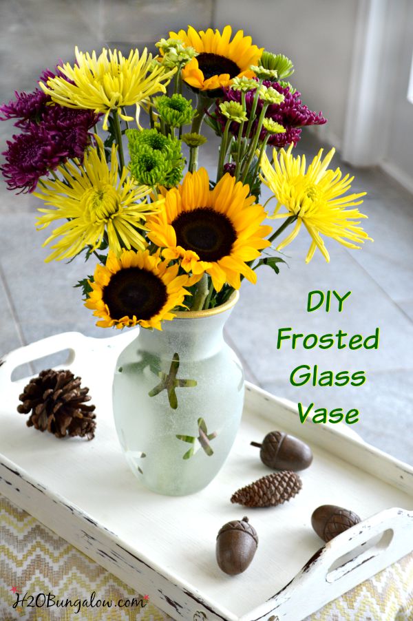 Elegant and simple, this DIY frosted glass vase was made from a plain vase , glass frosting and gold paint. Tuorial. Perfect for all seasons. www.H2OBungalow.com #DIY #homedecor