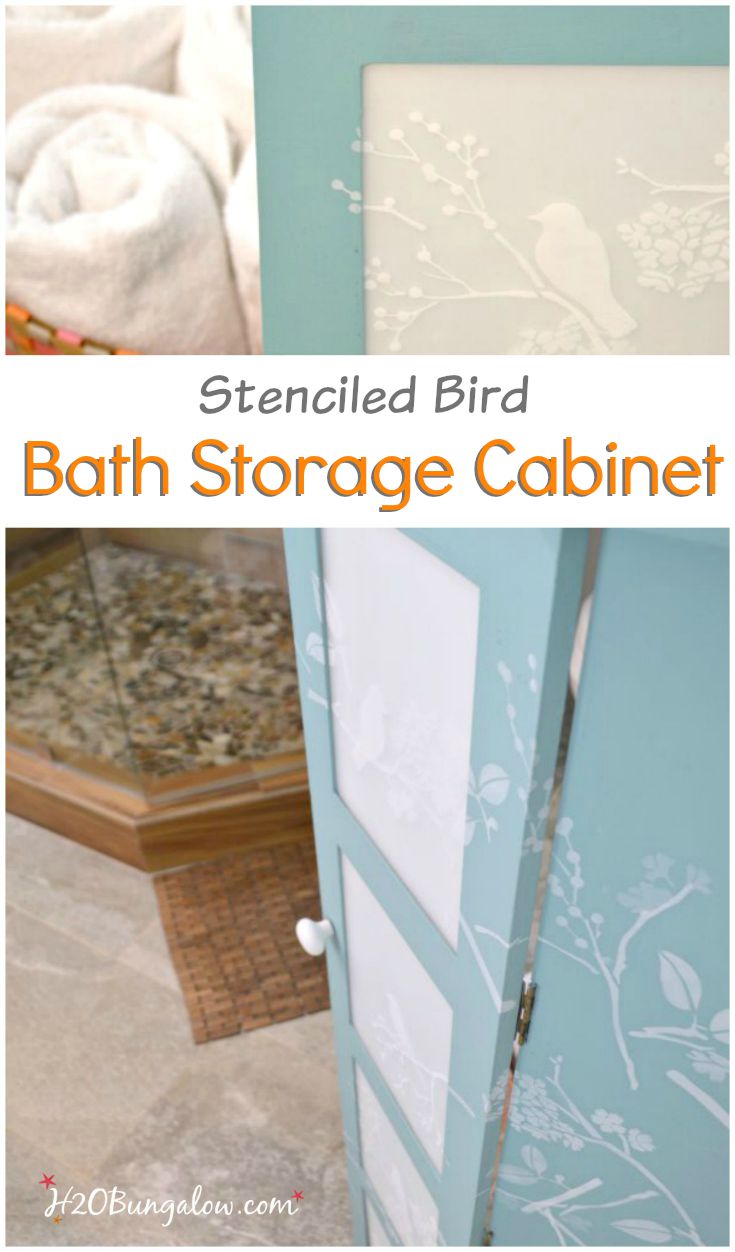 Updated bath storage cabinet with DIY frosted glass inserts and cascading stenciled birds and twigs. It looks fresh and clean look in our new master bath www.H2OBungalw.com #ThemedFurnitureMakeoverDay #paintedfurniture