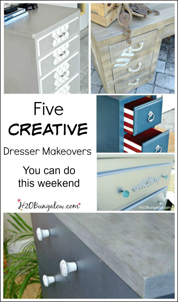 Five creative dresser makeover you can do this weekend. Grab that old dresser you've been meaning to redo, roll up your sleeves and get busy. Here are five styles and tutorials to get you motivated to finish that project! www.H2OBungalow.com #paintedfurniture #DIYtutorial