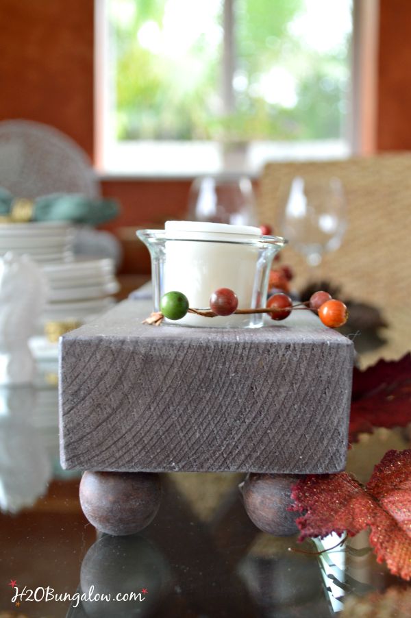 Make this DIY wood candleholder holiday table centerpiece for a casual elegant tablescape. Three pieces make endless opportunities for a beautiful table. www.H2OBungalow.com #PowertoolChallengeTeam #Falldecor ##Powertoolproject