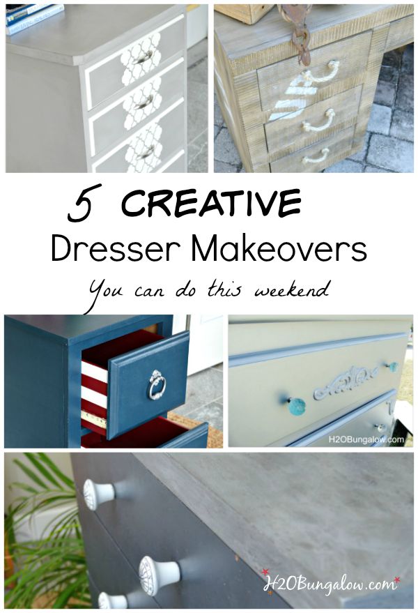 Five creative dresser makeover you can do this weekend. Grab that old dresser you've been meaning to redo, roll up your sleeves and get busy. Here are five styles and tutorials to get you motivated to finish that project! www.H2OBungalow.com #paintedfurniture #DIYtutorial