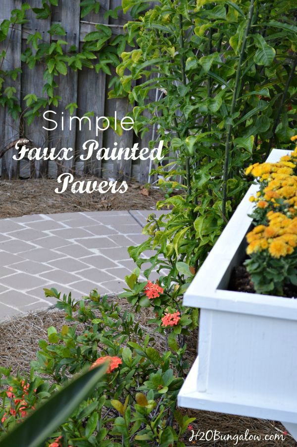 Simple faux painted paver projects transforms a plain concrete area in a few hours. Simple tutorial with video included. www.H2OBungalow.com #paintedconcrete #homeimprovement