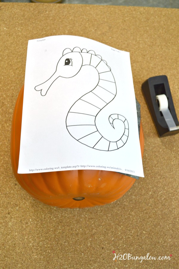 Coastal drilled pumpkin with a seahorse. 