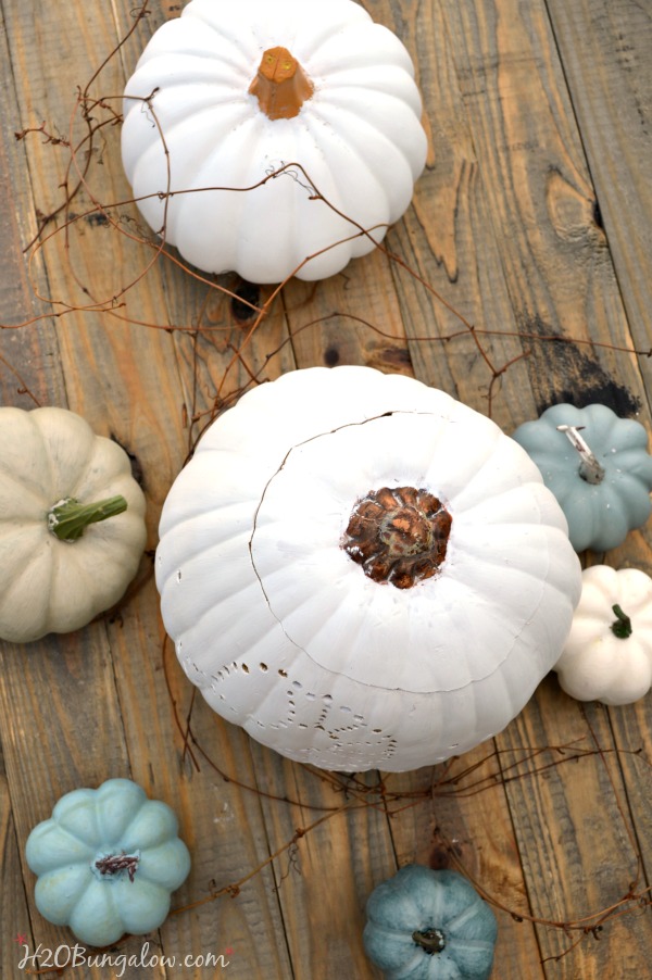 How to drill a pumpkin.  Use a simple drill and pattern to make a fall decor pumpkin. Get a free pattern to drill a pumpkin #pumpkin #pumpkindecor #fallDIY #h2obungalow