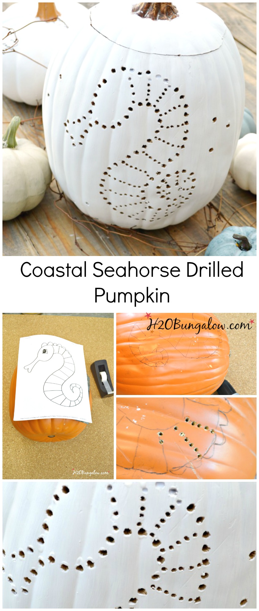 How to drill a pumpkin.  Use a simple drill and pattern to make a fall decor pumpkin. Get a free pattern to drill a pumpkin #pumpkin #pumkindecor #fallDIY #h2obungalow