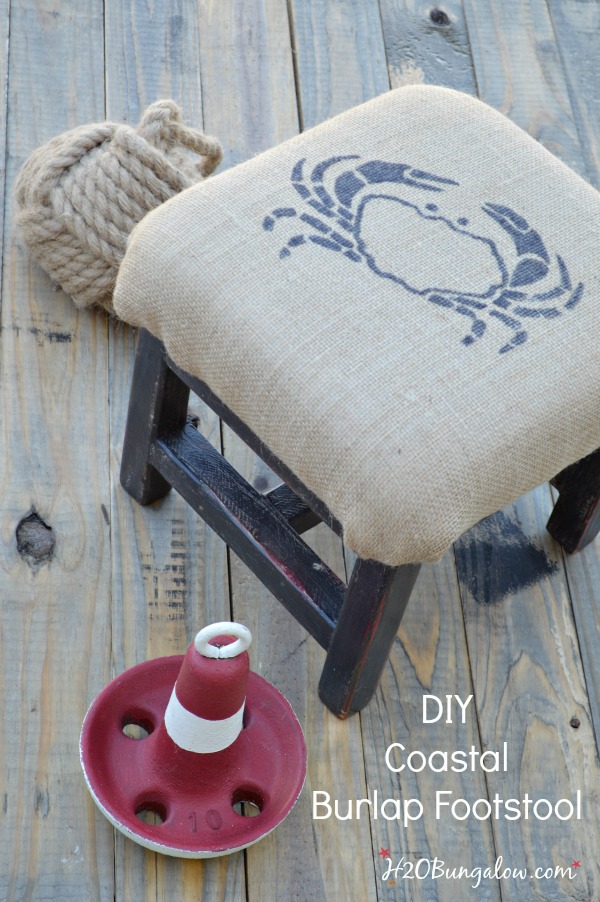 DIY coastal burlap footstool with crab graphic. Easy tutorial to cushion something in burlap and add a graphic. Linked to Themed Furniture Makeover Day and many more black furniture makeovers www.H2OBungalow.com #paintedfurniture