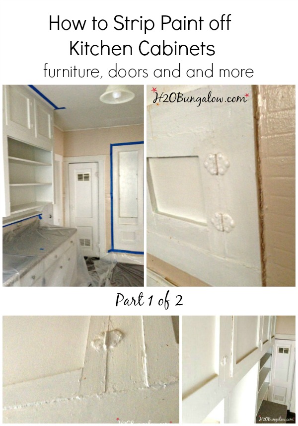 How to strip layers of old paint of kitchen cabinets, furniture and more tutorial. I'm sharing lots of tips to mke your projects easier, less messy and way less time consuming by sharing my tips from my projects. Includes and best product supply lits too. www.H2OBungalow.com #refinishkitchen cabinet ##kitchencabinetmakeover