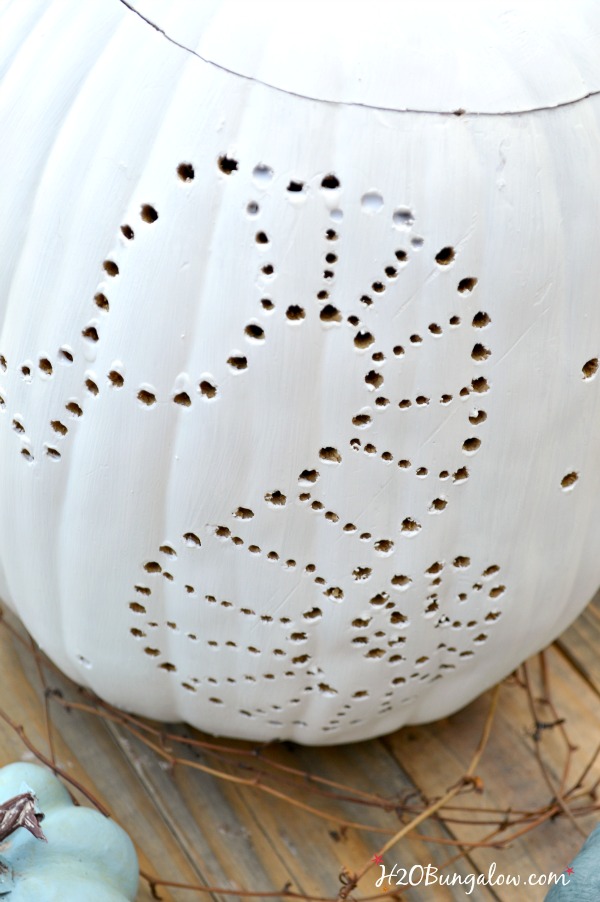 How to drill a pumpkin.  Use a simple drill and pattern to make a fall decor pumpkin. Get a free pattern to drill a pumpkin #pumpkin #pumpkindecor #fallDIY #h2obungalow