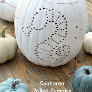 Coastal drilled pumpkin with a seahorse. Easy tutorial for real or faux pumpkins. H2OBungalow #Coastal #pumpkin
