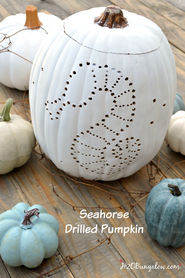 How to drill a pumpkin.  Use a simple drill and pattern to make a fall decor pumpkin. Get a free pattern to drill a pumpkin #pumpkin #pumpkindecor #fallDIY #h2obungalow