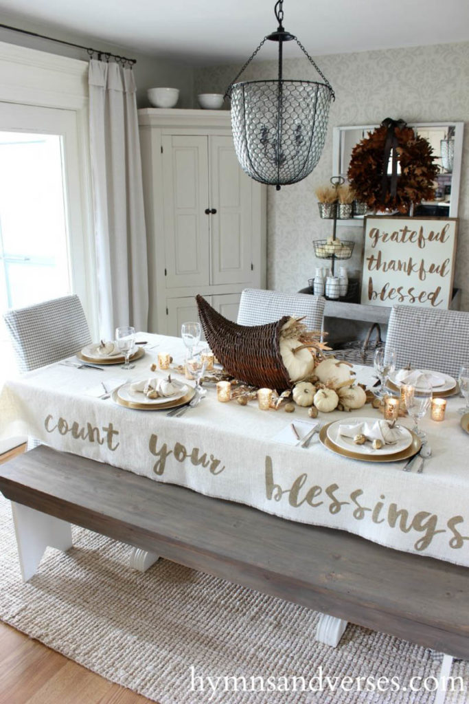 Count your blessings tablecloth with cornucopia with pumpkins and fall floral  