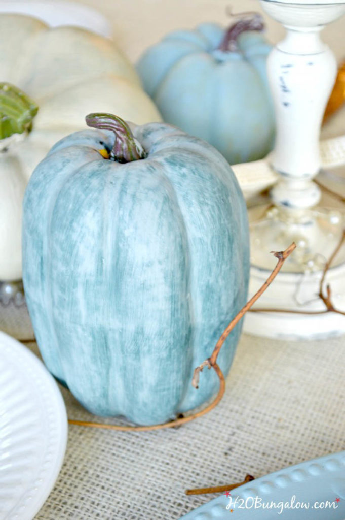 Blue painted pumpkin on my coastal holiday Tablescapes