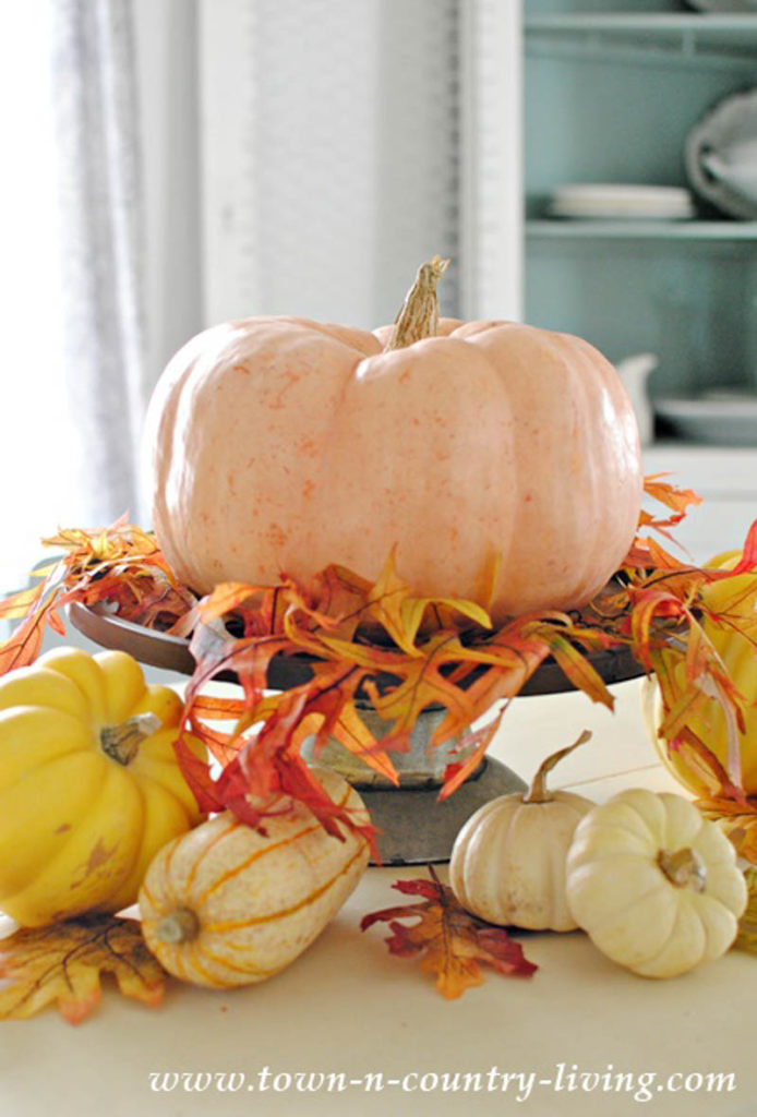 large pumpkin sitting on cake stand with small pumpkins and gourds around the base