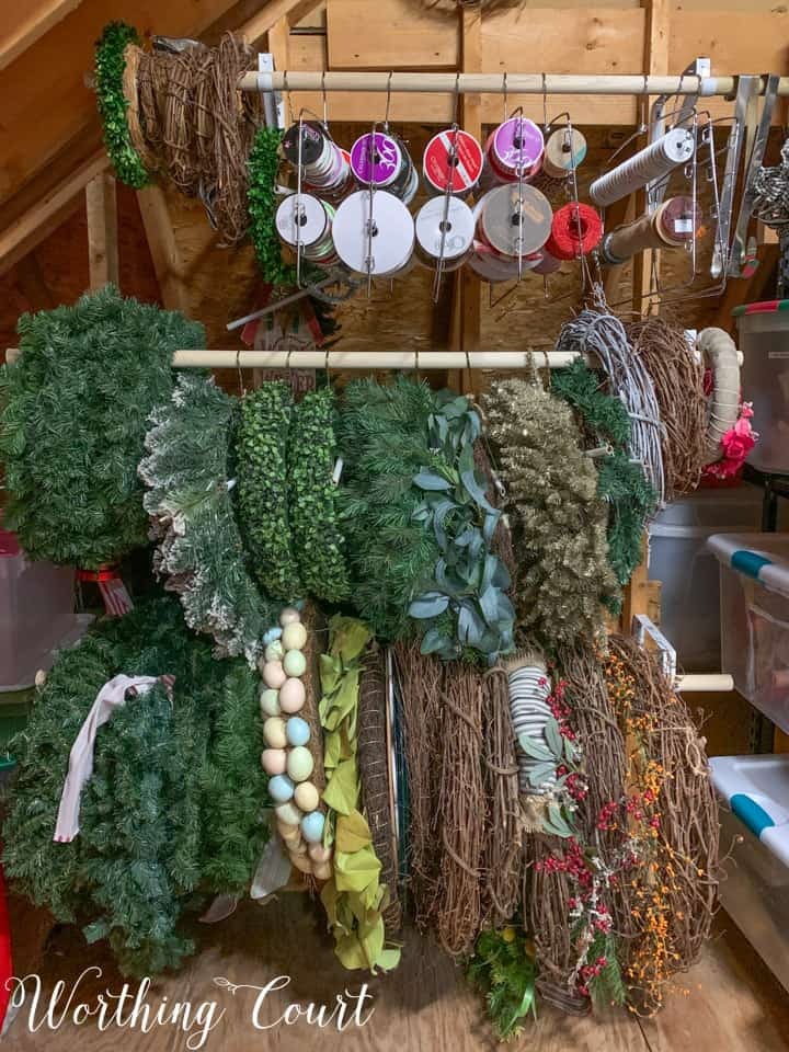 Hanging wreath storage in an attic
