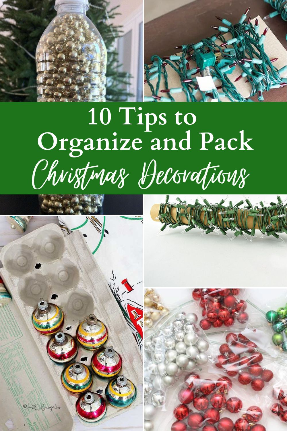 Image collage of five ways to organize and pack Christmas decorations with text overlay