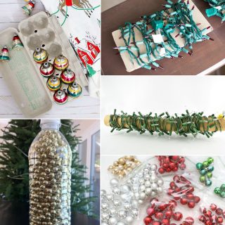 image collage of five ways to organized and pack Christmas decorations