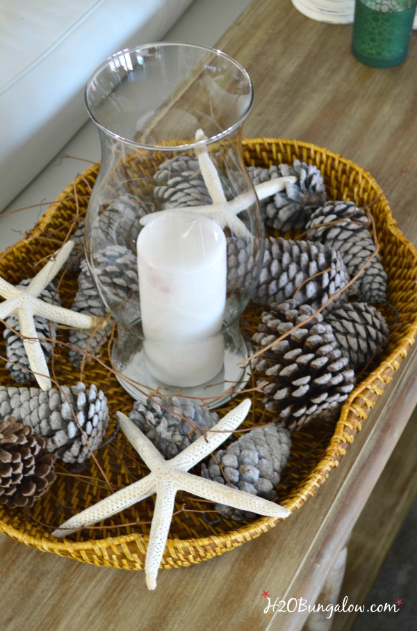 Simple DIY for a gorgeous sun washed look. Get an easy bleached pinecones look without using bleach (it doesn't work well anyway). Using just a few items from your craft supply. H2OBungalow.com 