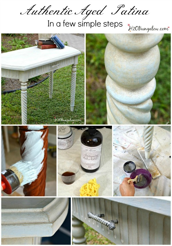 Create an authentic aged patina on new or old wood like my desk makeover with Amy Howard Paint . See my tutorial with easy to follow steps to make your own rich, aged patina that looks centuries old. H2OBungalow.com 