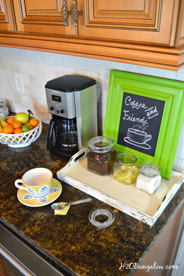 DIY etched glass coffee station canisters are smart space savers in a small kitchen. Serve and store canisters always look great in the pantry or on the counter! Click through to the ultimate organization Tour for this and may other cleaning and organization projects you'll love H2OBungalow.com #organize