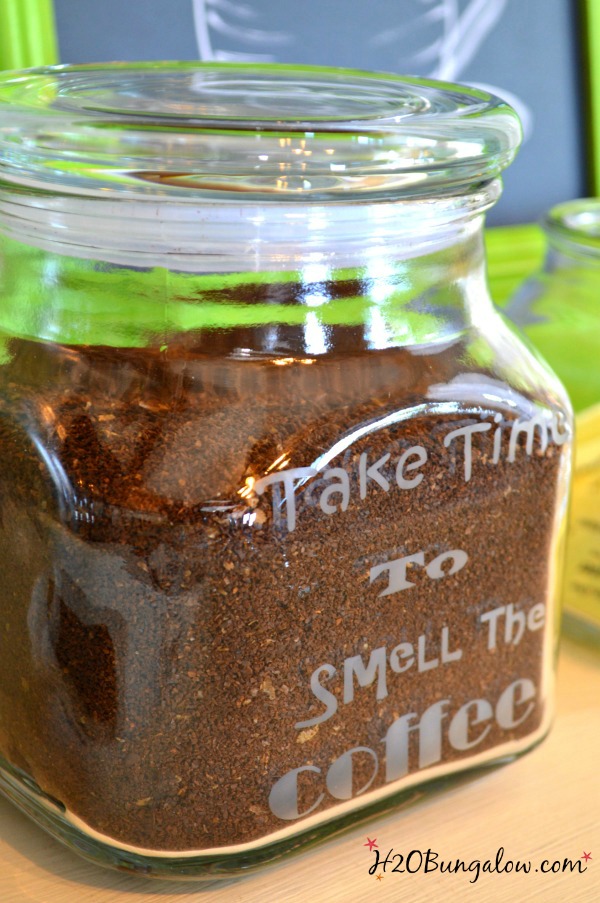 DIY etched glass coffee station canisters are smart space savers in a small kitchen. Serve and store canisters always look great in the pantry or on the counter! Click through to the ultimate organization Tour for this and may other cleaning and organization projects you'll love H2OBungalow.com #organize