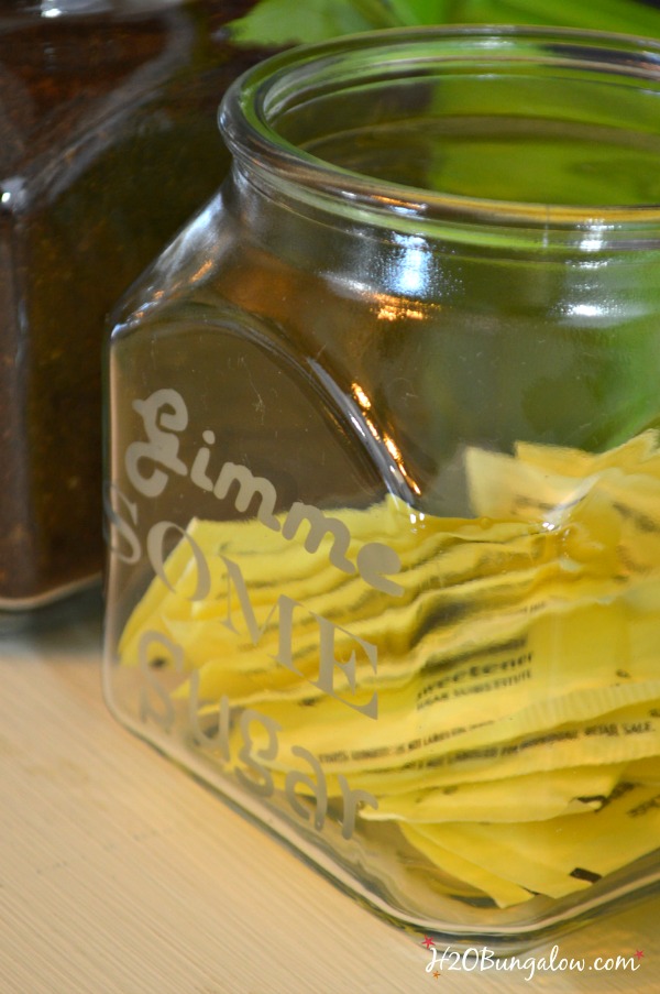 DIY etched glass coffee station canisters are smart space savers in a small kitchen. Serve and store canisters always look great in the pantry or on the counter! Click through to the ultimate organization Tour for this and may other cleaning and organization projects you'll love H2OBungalow.com #organize