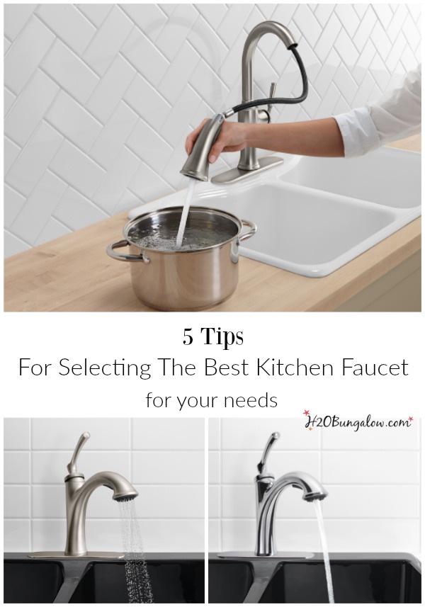 5 tips for selecting the best kitchen faucet for your needs has good advice with questions to ask yourself before you make the decision to replace your old kitchen faucet H2OBungalow