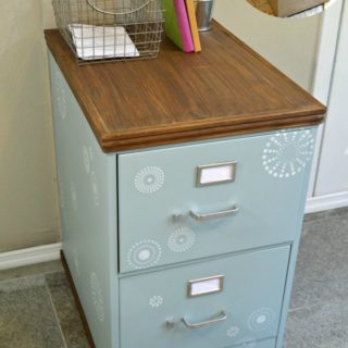 DIY tutorial for upcycled painted and stenciled metal filing with stained wood top and bottom H2OBungalow