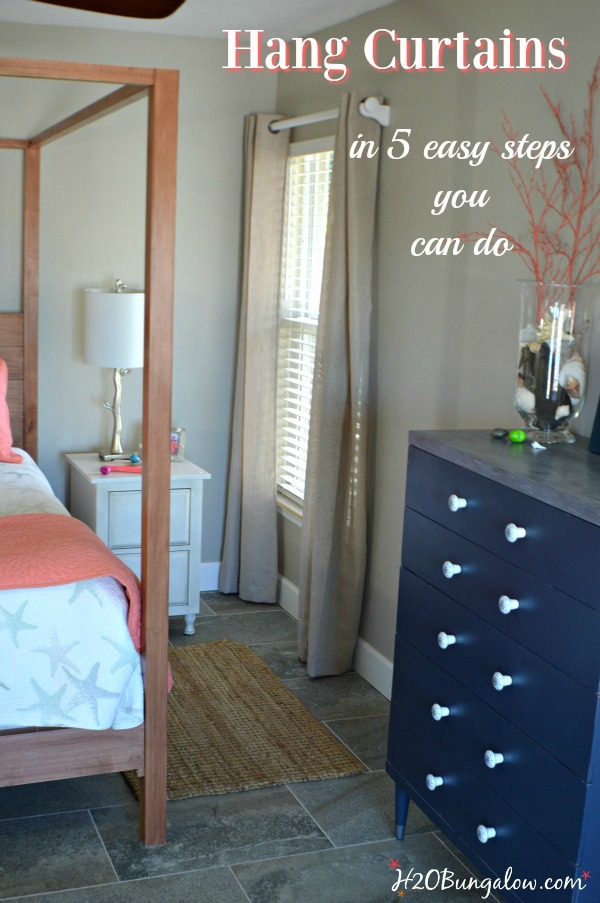 Easily hang curtains in 5 simple steps you can do and remember for next time. This method works great for other projects too! www.H2OBungalow.com