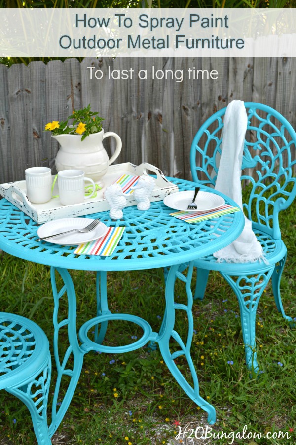 Pinterest pin of turquoise painted metal table and chair after photo