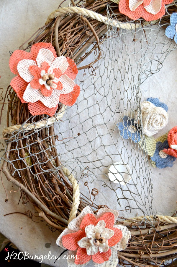 Why pay big bucks for burlap flowers? Make your own with this DIY Coastal burlap flower wreath tutorial. Easy DIy for an afternoon project. H2OBungalow.com