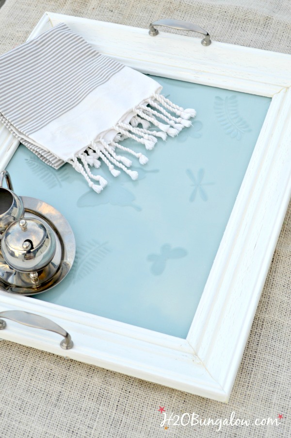 Etched glass with butterflies easy DIY picture frame serving tray tutorial. Make a pretty upcycled picture frame serving tray for your self or as a gift. Such a pretty spring project! H2OBungalow.com