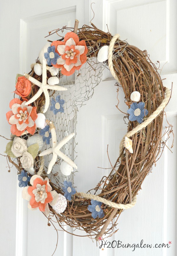 Why pay big bucks for burlap flowers? Make your own with this DIY Coastal burlap flower wreath tutorial. Easy DIy for an afternoon project. H2OBungalow.com