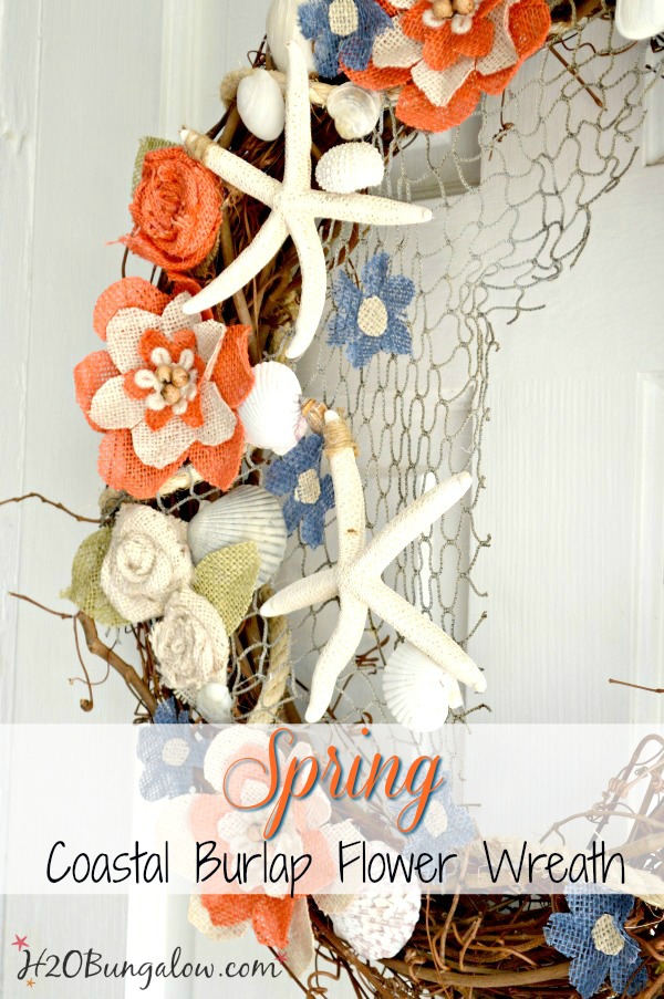 Why pay big bucks for burlap flowers? Make your own with this DIY Coastal burlap flower wreath tutorial. Easy DIy for an afternoon project. H2OBungalow.com 