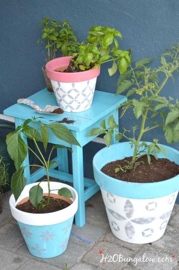 Turquoise-stenciled-planters-for-spring-H2OBungalow