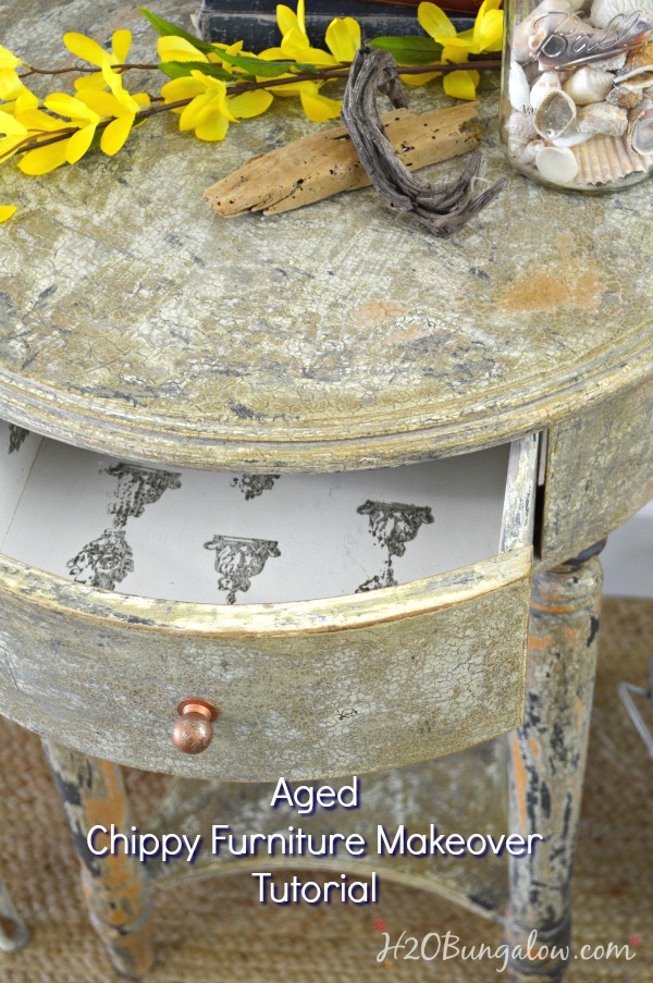 Aged chippy paint finish tutorial for a furniture makeover with stamped drawer. Step by step instructions with full supply list included for the fabulous aged furniture makeover by H2OBungalow