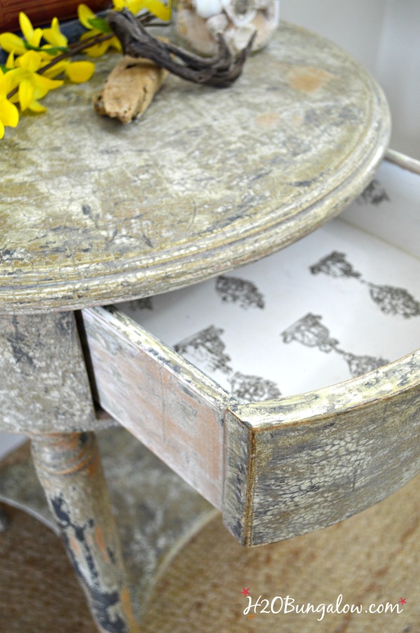 Aged chippy paint finish tutorial for a furniture makeover with stamped drawer. Step by step instructions with full supply list included for the fabulous aged furniture makeover by H2OBungalow
