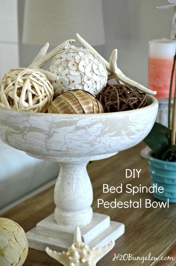 Tutorial to make a repurposed DIY bed spindle pedestal bowl from a bed frame and wood bowl. Make with or without power tool. Awesome home decor item. H2OBungalow 