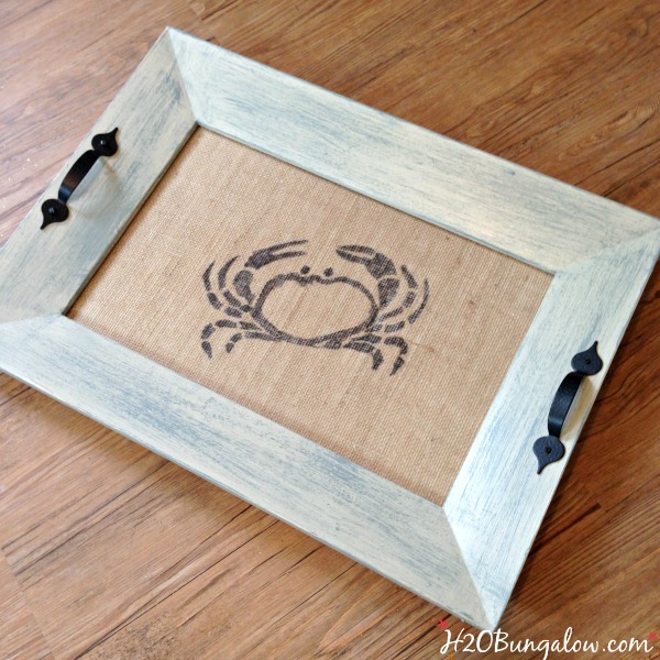 Tutorial to make a DIY coastal picture frame serving tray with a stenciled burlap crab under the glass from a basic wood picture frame. Easy project and thrifty. Makes great gift! H2OBungalow.com 