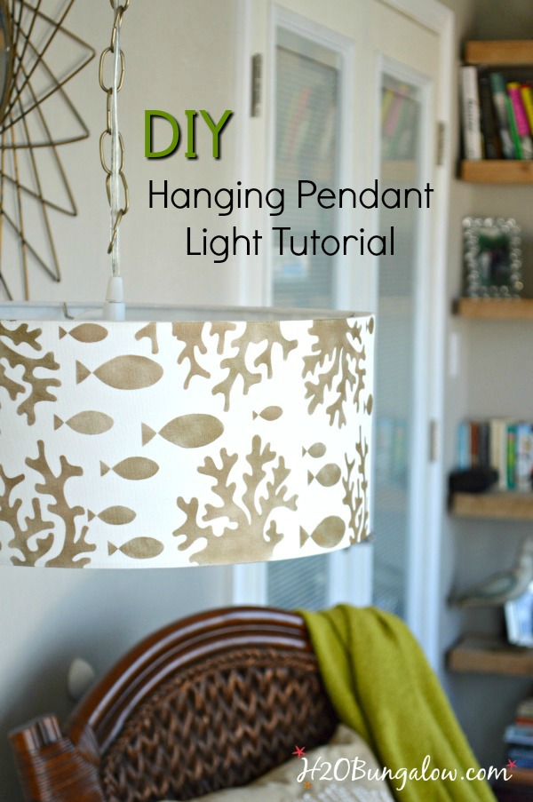 Tutorial to show how to make a simple stenciled DIY hanging pendant light from a drum lampshade, a chain and a light conversion kit. Easy DIY.