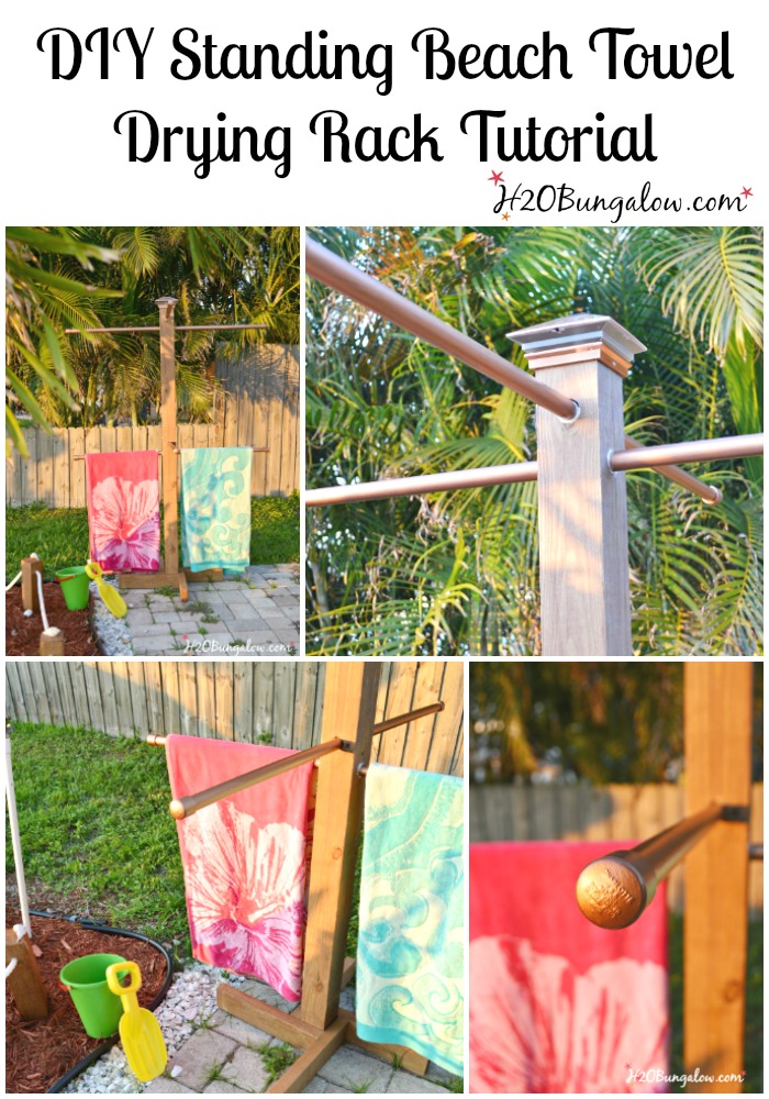 Tutorial to make a DIY outdoor standing towel rack with 3 options for all building levels. Sturdy DIY drying rack and beach towel holder for pool or beach.
