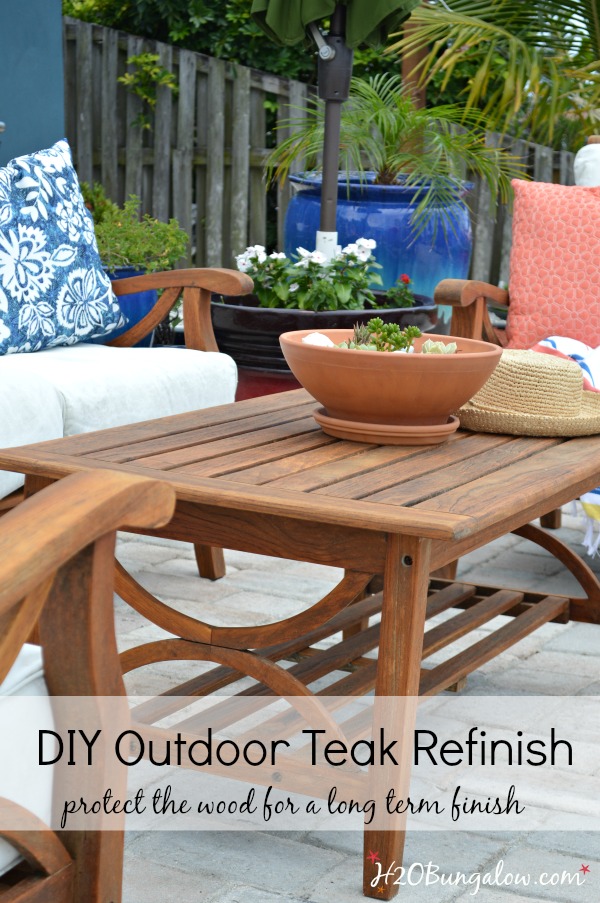 Save time and effort, easy tutorial to restore outdoor teak furniture with tips and product recommendations. Works on all outdoor wood furniture makeovers. See this and the rest of the 30 days To Fabulous backyard makeover projects by H2OBungalow 