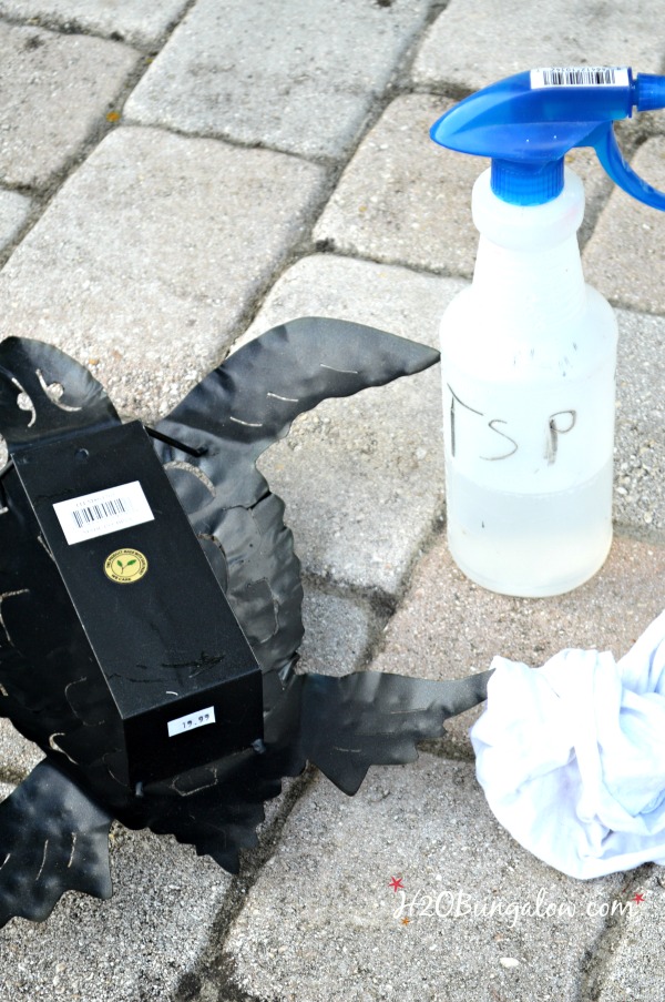 water bottle and outdoor metal turtle shown prior to hanging