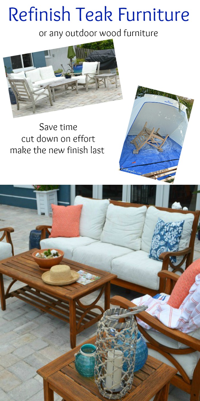 Save time and effort, easy tutorial to restore outdoor teak furniture with tips and product recommendations. Works on all outdoor wood furniture makeovers. See this and the rest of the 30 days To Fabulous backyard makeover projects by H2OBungalow