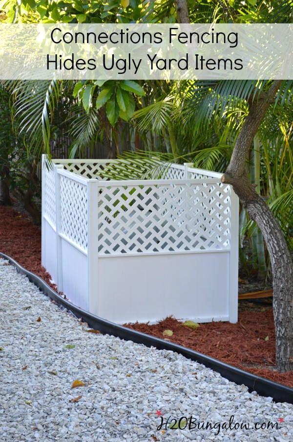 Hide the uglies in your yard with this easy privacy screen. Simple DIY fence, no tools, hardware, glue or concrete needed. H2OBungalow 