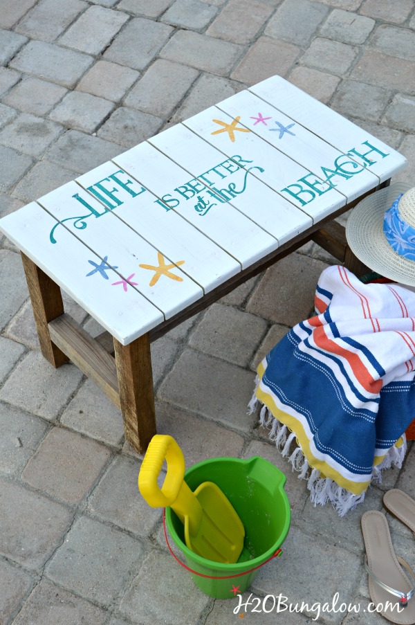 DIY Starfish stenciled bench with saying Life Is Better At The Beach simple Tutorial H2OBungalow