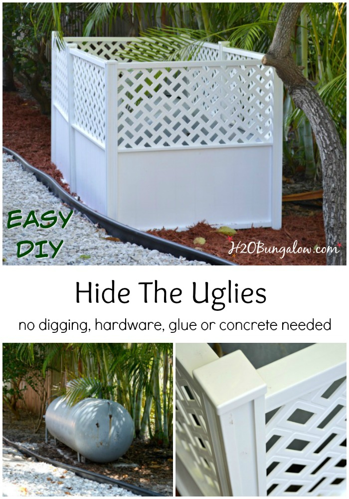 Hide the uglies in your yard with this easy privacy screen. Simple DIY fence, no tools, hardware, glue or concrete needed. H2OBungalow 