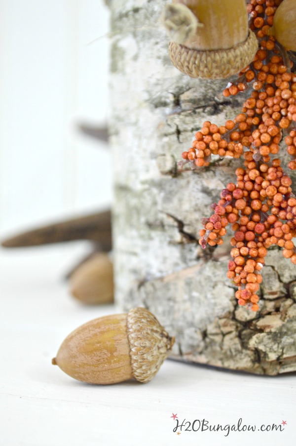 close up of acorn and berry twig on side of candle holder
