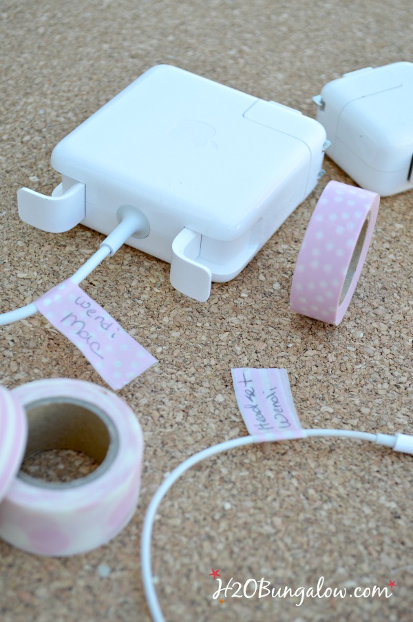 Make easy DIY charger cord labels in a few minutes. No more lost cords, and never mix up electronic cords or who owns a cord a again! H2OBungalow 
