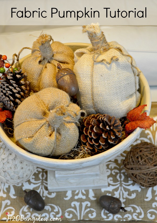 Easy step by step tutorial to make no sew fabric pumpkins. Stunning in burlap, velvet or another textured fabric. Great for fall and holiday vignettes. H2OBungalow 